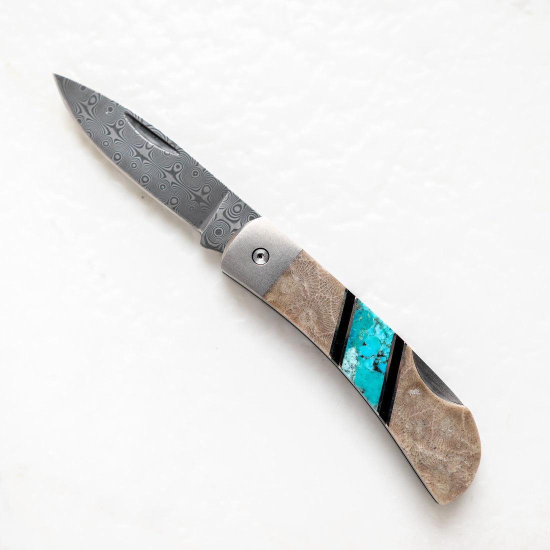 3" Petoskey & Turquoise Damascus Pocket Knife