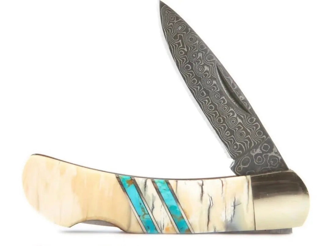 3" Mammoth Tusk & Turquoise Damascus Pocket Knife