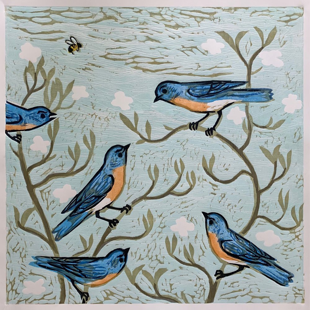 Bluebirds & Dogwood 24x24 | Woodblock Print