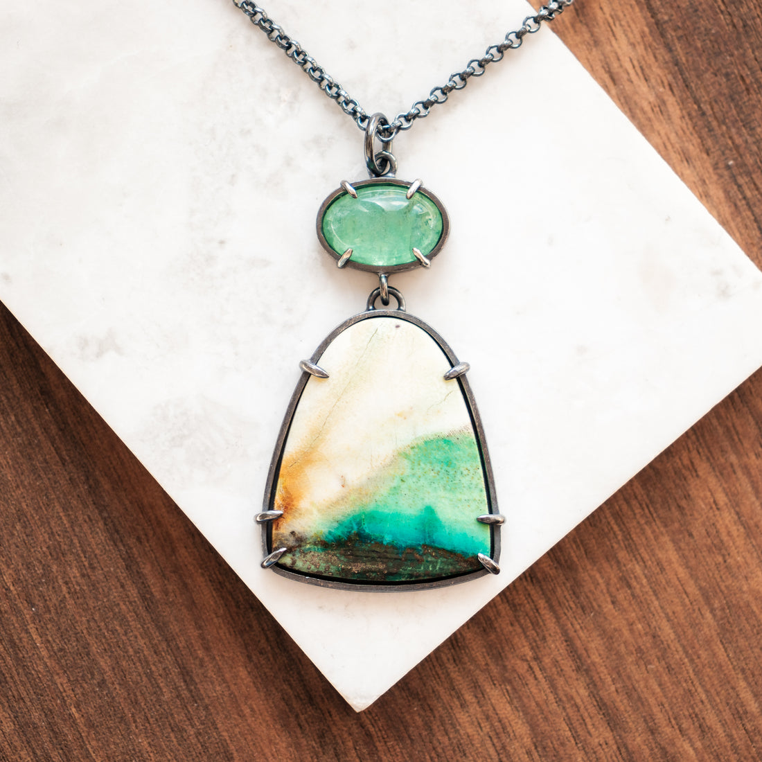 Emerald Flourite, Opal Wood Double Stone Necklace