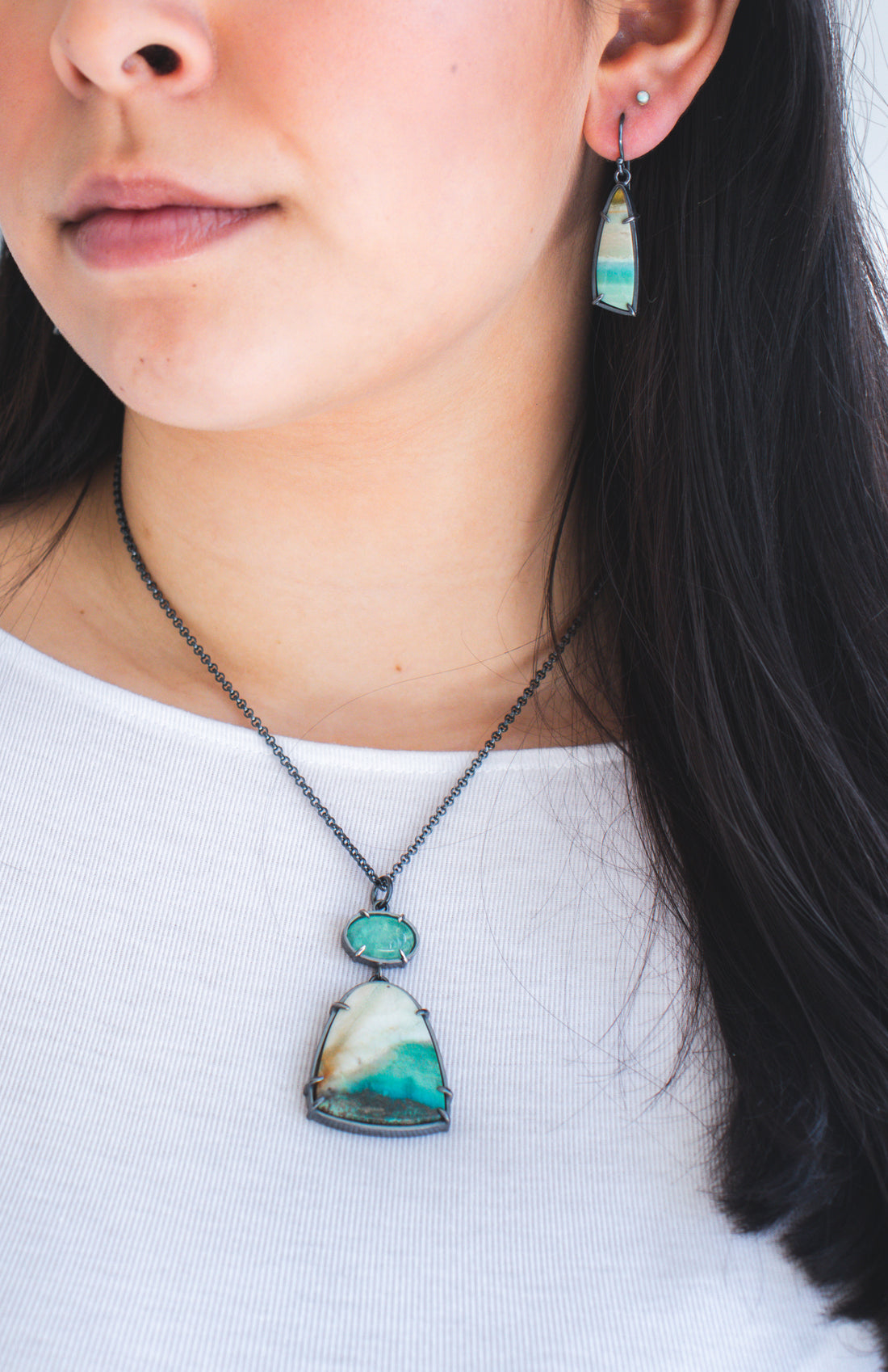 Emerald Flourite, Opal Wood Double Stone Necklace