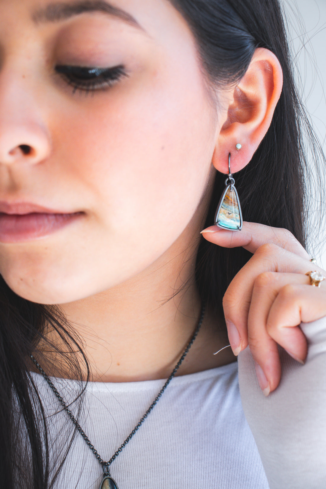 Opal Wood Layered Triangle Earrings