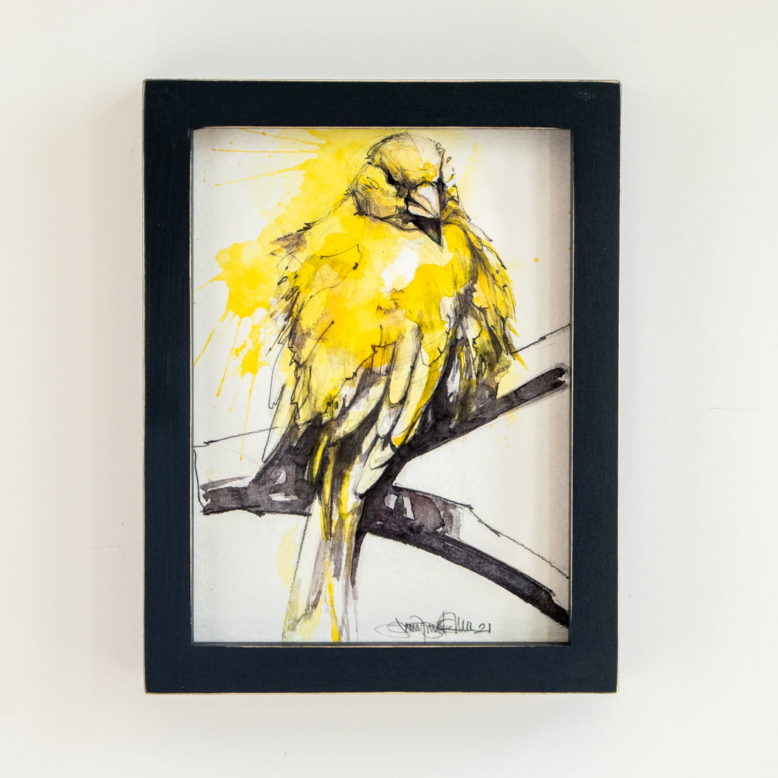 Yellow Bird on Branch Watercolor | 7x9