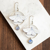 Moonstone White Moth Circle Earrings