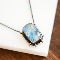 Rectangular Rainbow Moonstone Under Quartz Necklace