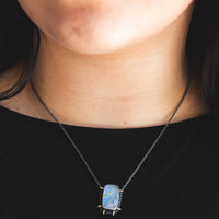 Rectangular Rainbow Moonstone Under Quartz Necklace