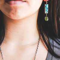 Opal Wood, Peridot, 18k Bar Drop Earrings