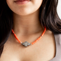 Southwest Cross Coral Heishi Bead Necklace