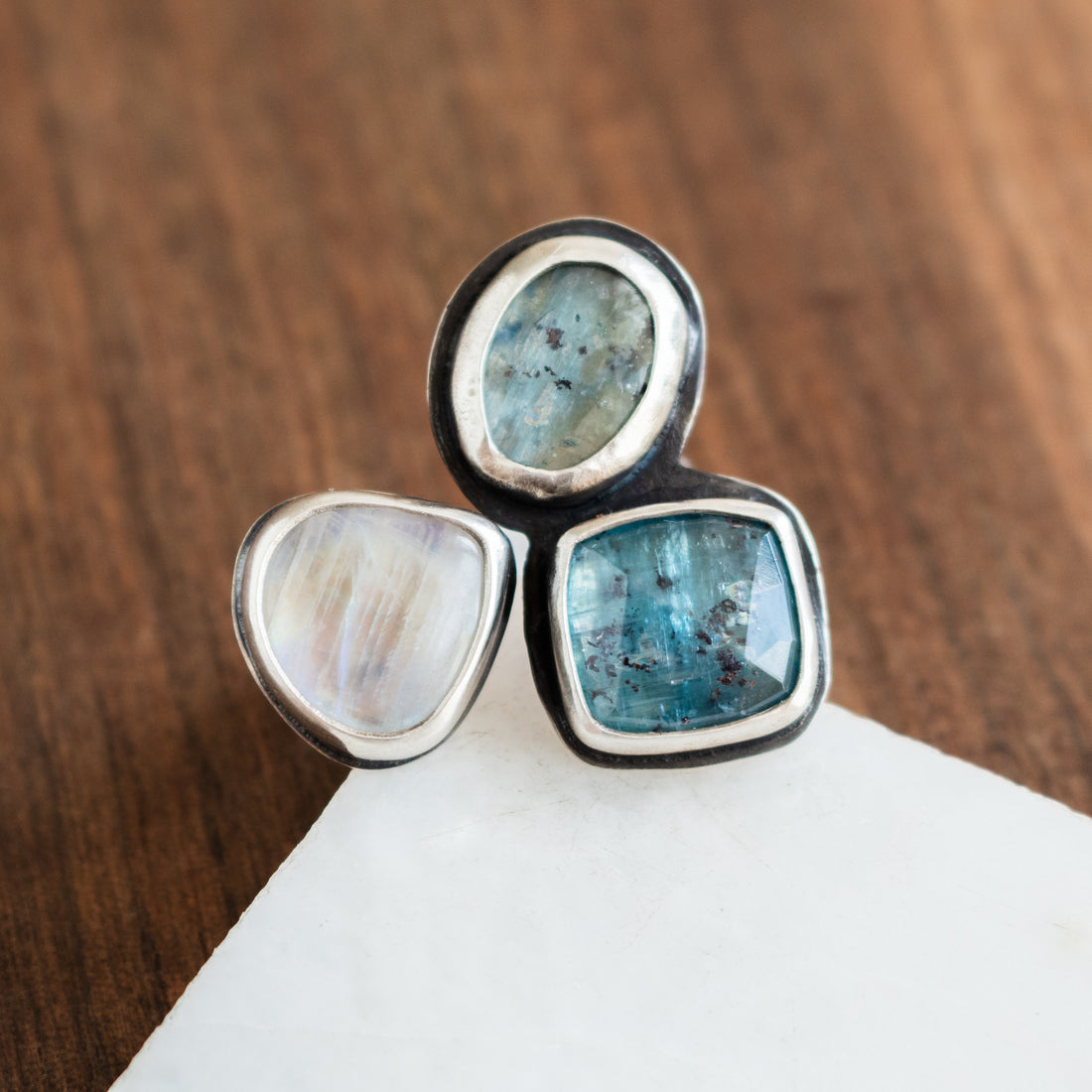 Size 8 | Kyanite & Teardrop Moonstone Triple Stone Ring