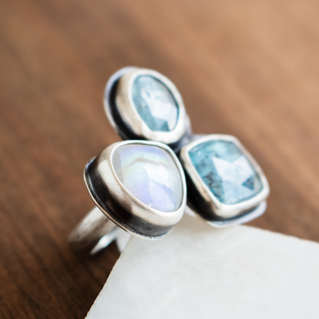 Size 8 | Kyanite & Teardrop Moonstone Triple Stone Ring