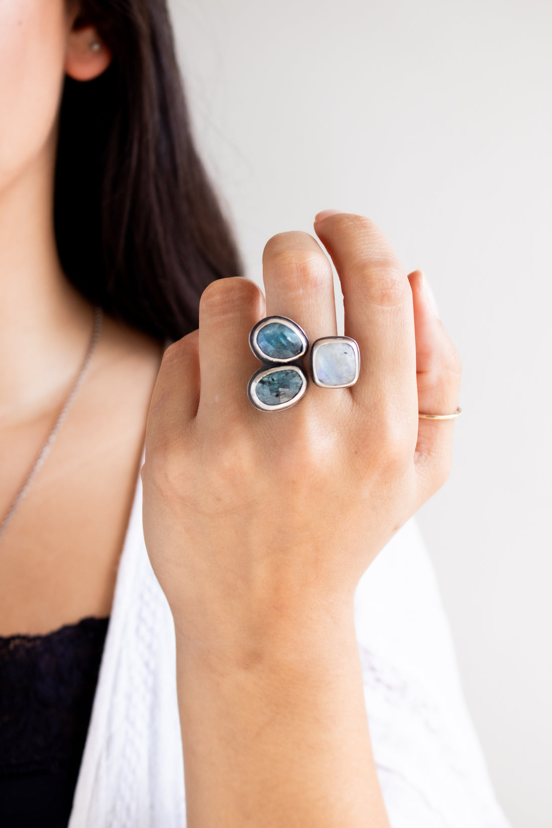 Size 9 | Kyanite & Moonstone Triple Stone Ring