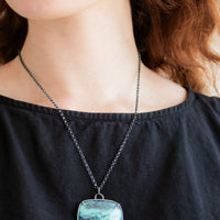 Blue Opalized Wood Large Rectangle Necklace