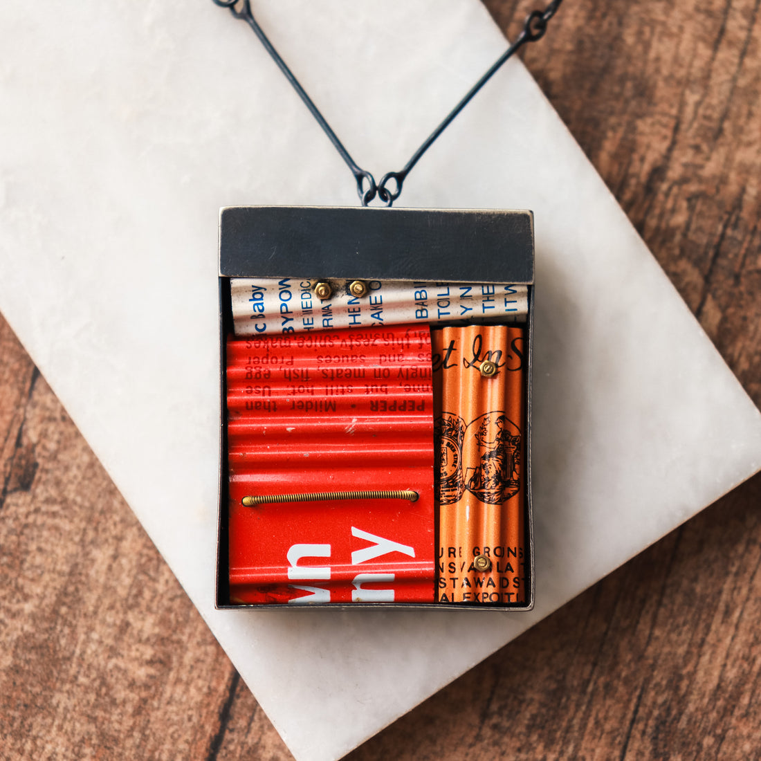 Box Pendant Necklace w/ Handmade Chain