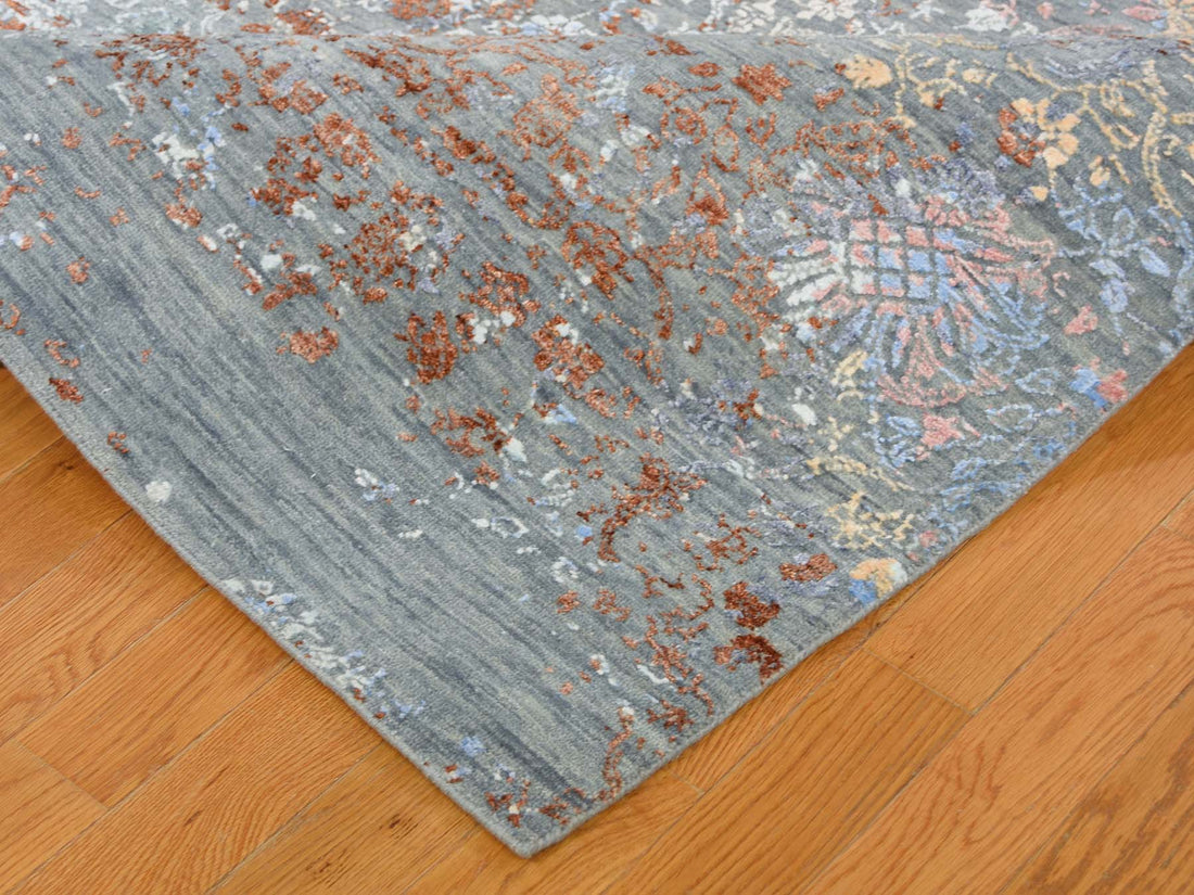 9'0" x 12'1" | Blue Erased Floral | Wool and Silk | 24594