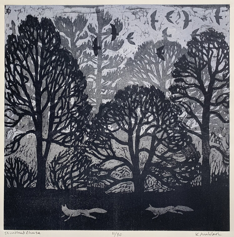 Woodland Chase 16x16 | Woodblock Print