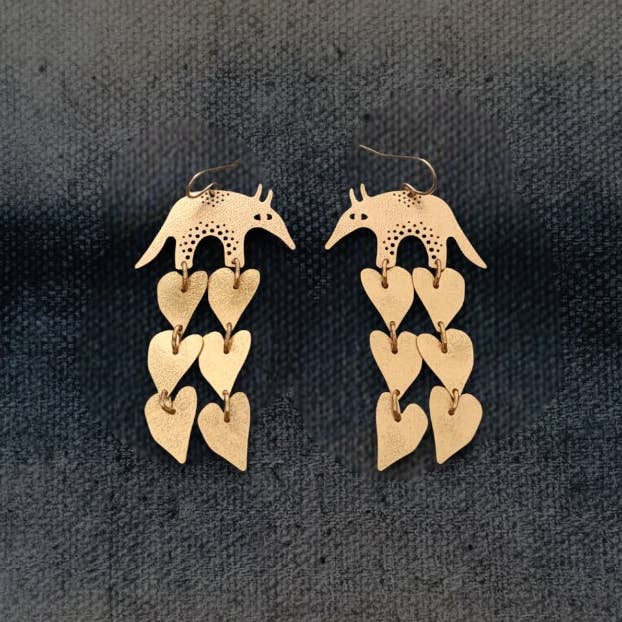 Armadillo & Hearts Brass Earrings