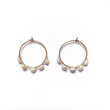 Pearl Hammered Gold Hoop Earrings