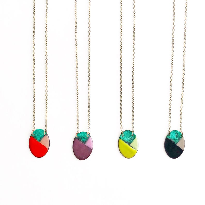 Black Enamel & Aqua Patina Oval Necklace
