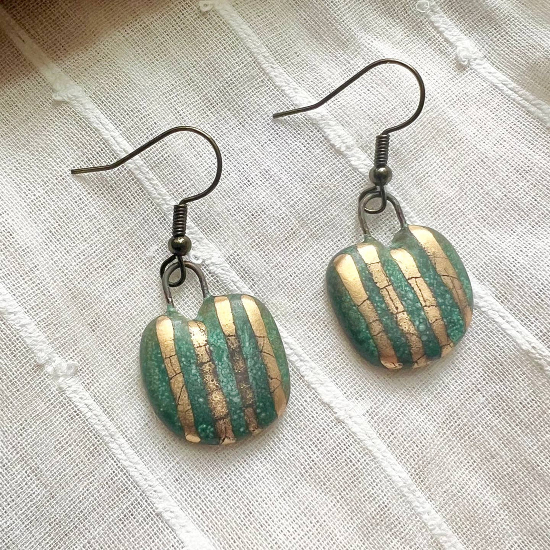 Green & Gold Small Striped Earrings