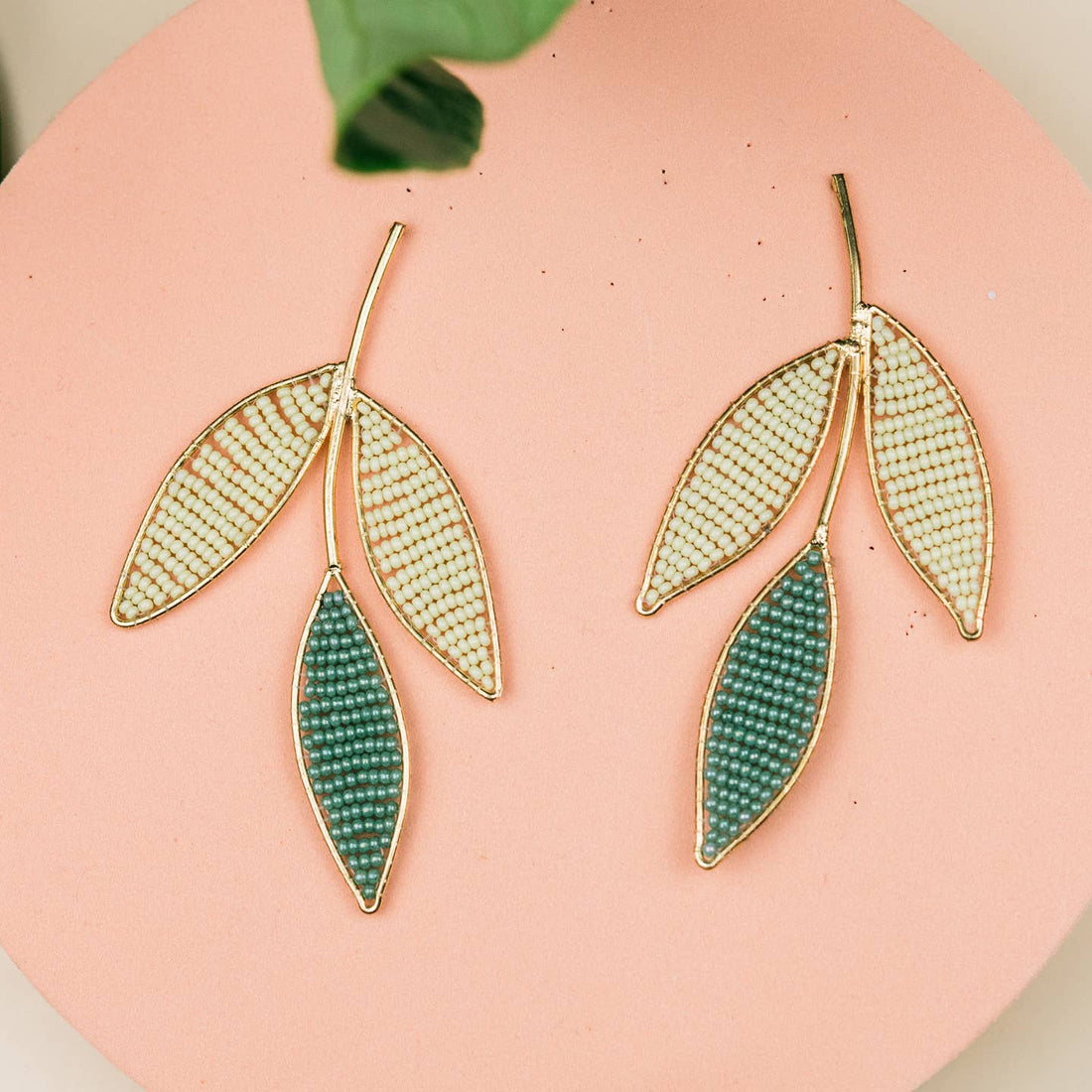 Three Leaf Branch Beaded Earrings
