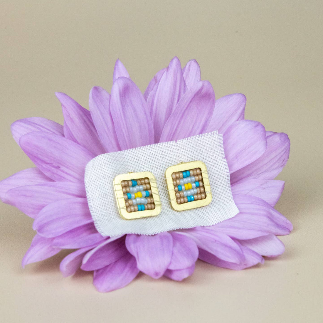 Square Beaded Stud Earrings | Tan