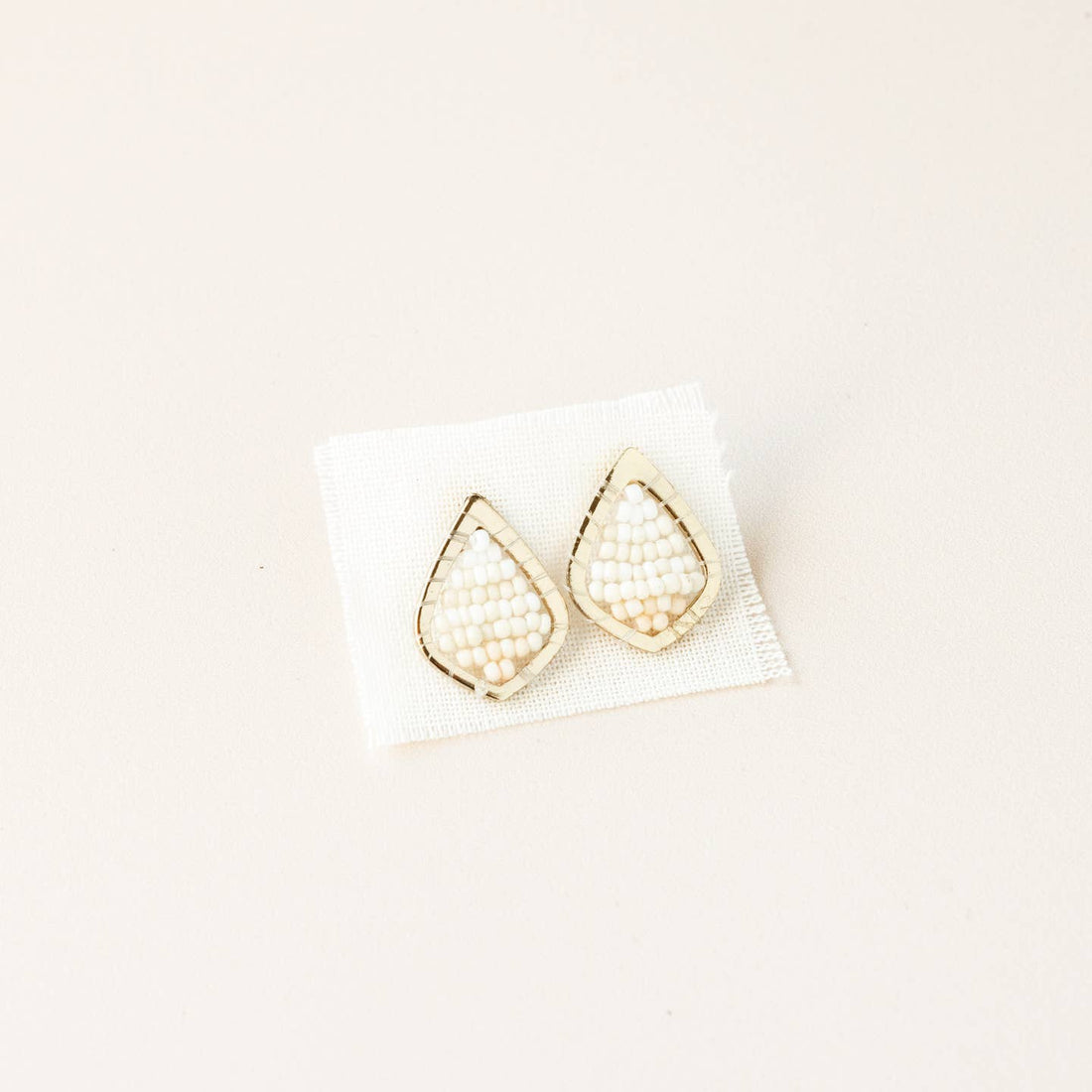 Teardrop Beaded Stud Earrings | White