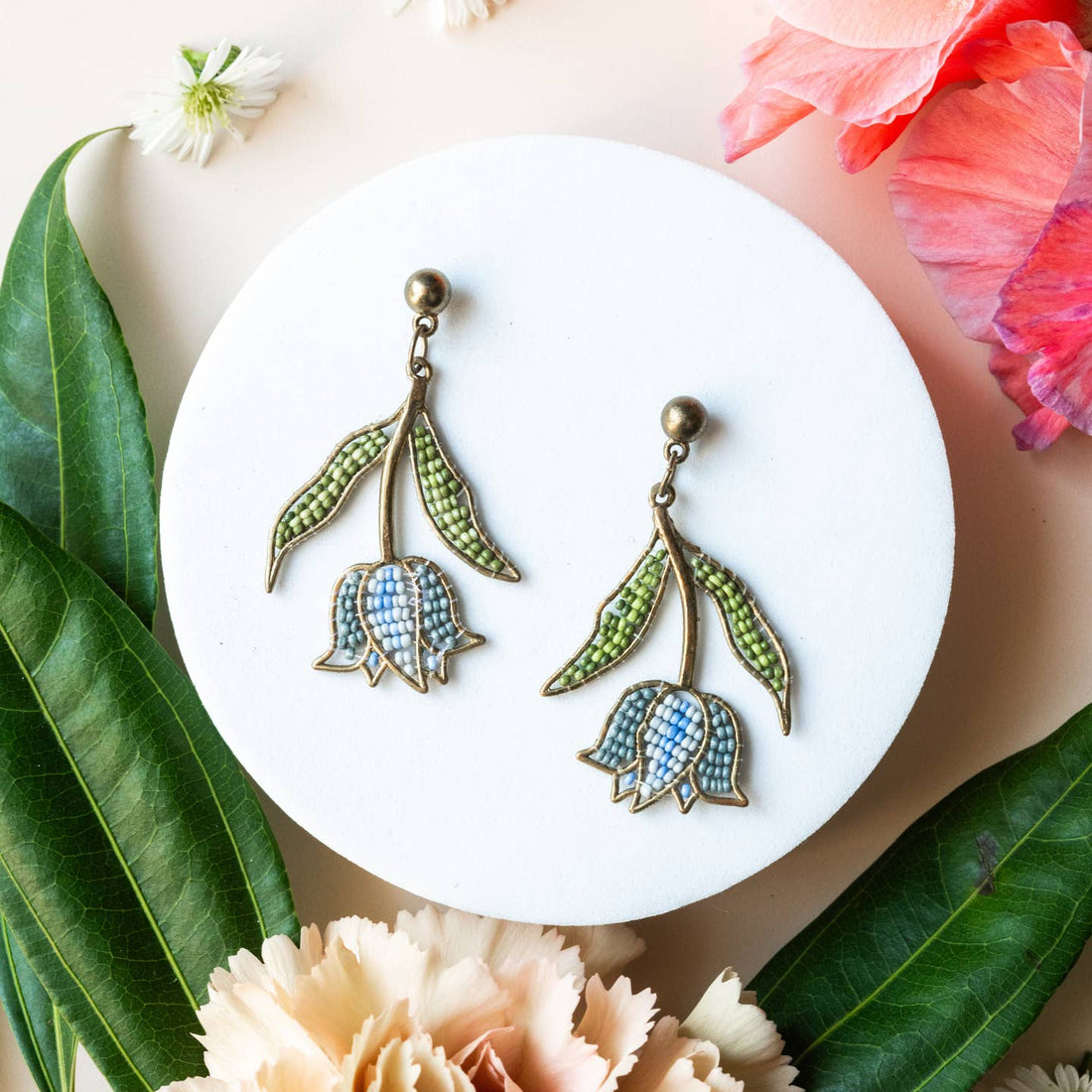 Tulip Beaded Dangle Earrings | Blue