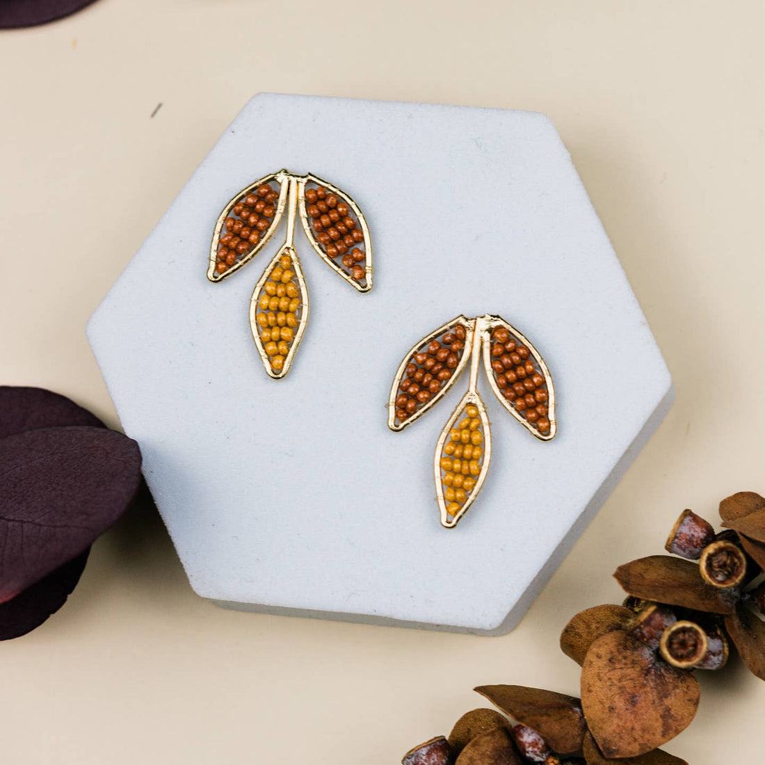 Three Leaf Beaded Stud Earrings | Autumn