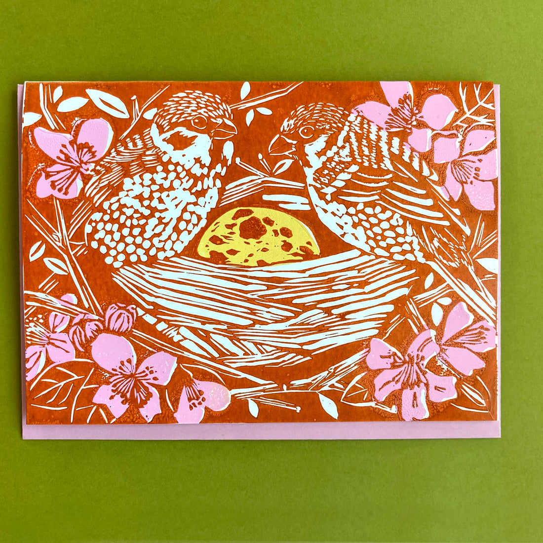 Birds in Nest Blockprint Card