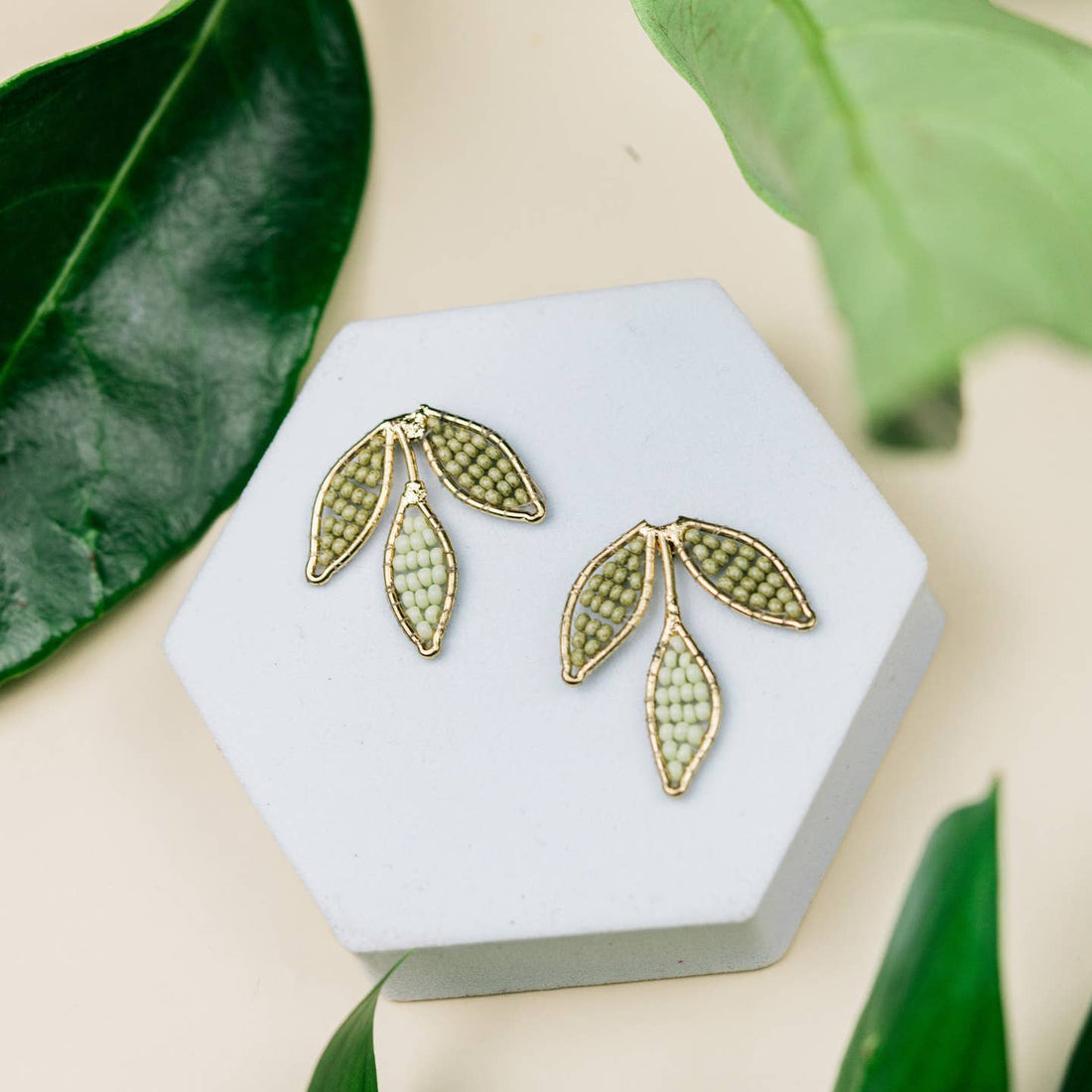 Three Leaf Beaded Stud Earrings | Sage