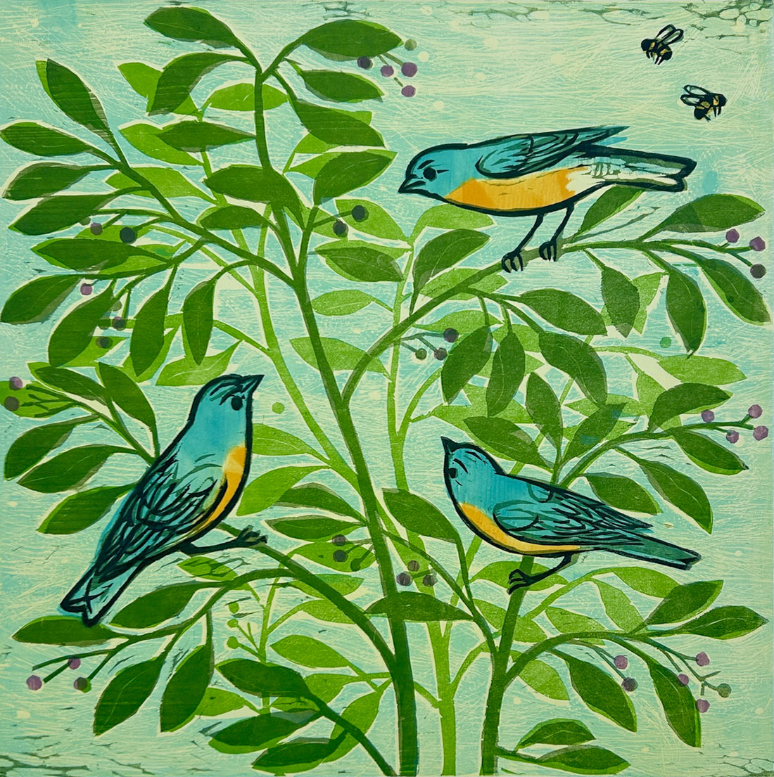 Bluebirds & Berries 24x24 | Woodblock Print