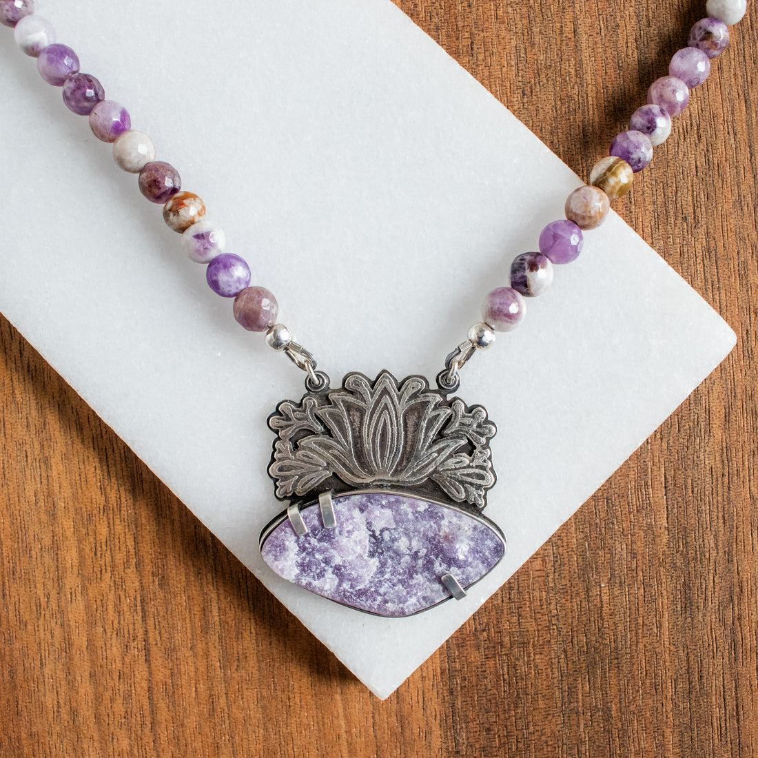 Amethyst & Lepidolite Blooming Lotus Beaded Necklace