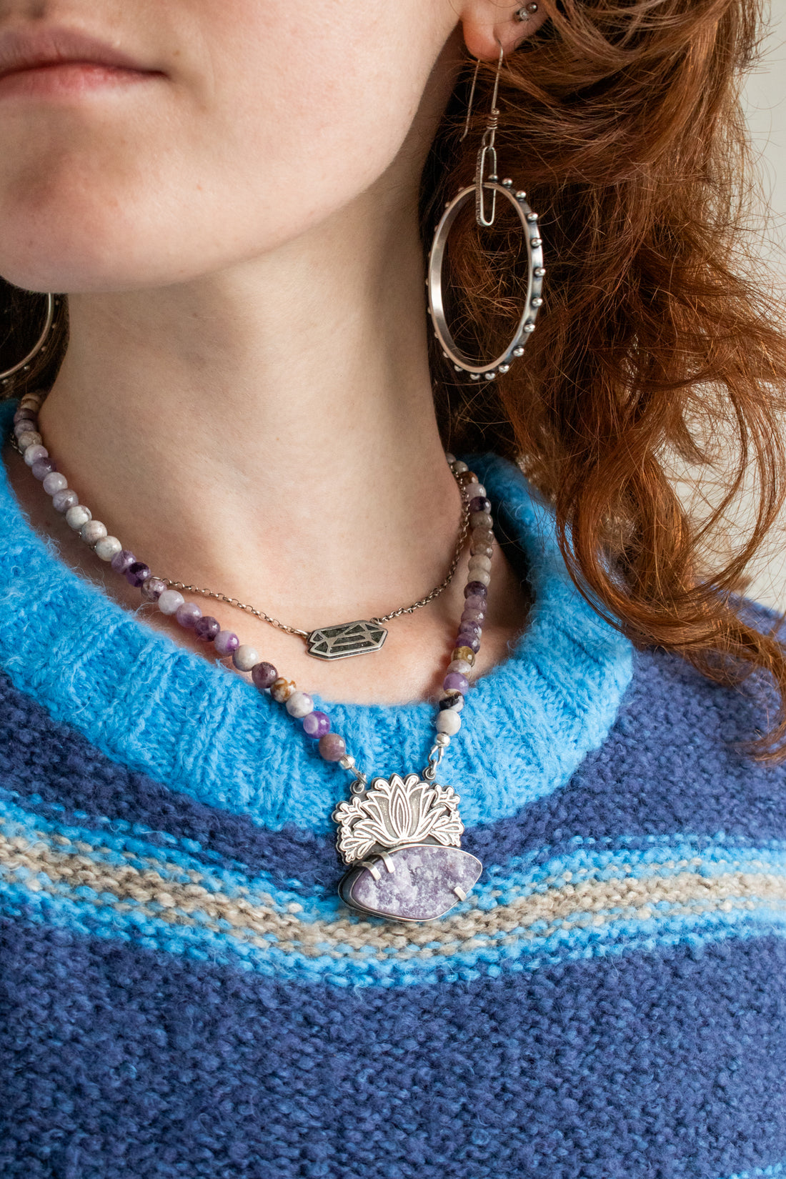 Amethyst & Lepidolite Blooming Lotus Beaded Necklace