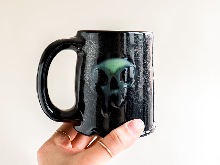 Triple Green Skull Black Mug