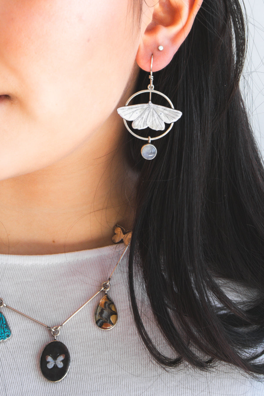 Moonstone White Moth Circle Earrings