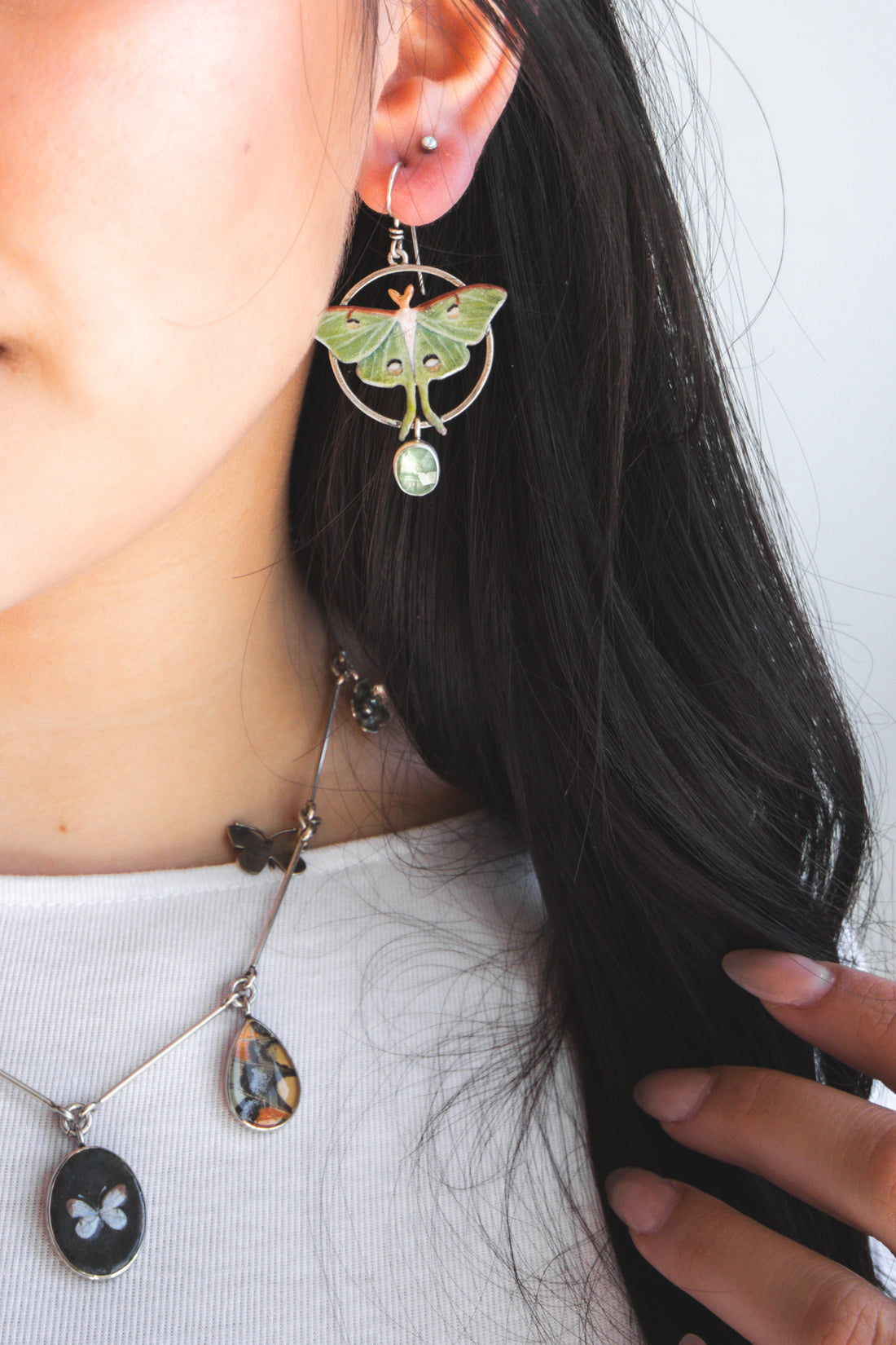 Kyanite Luna Moth Circle Earrings