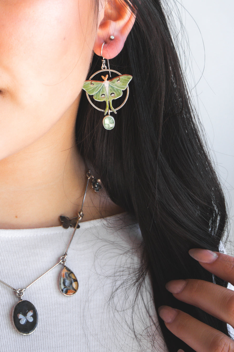 Kyanite Luna Moth Circle Earrings