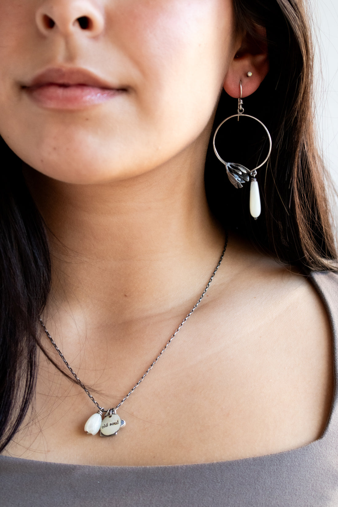 Quilt Block Moonstone Flower Charm Necklace