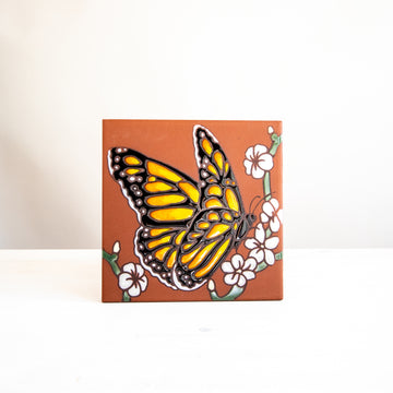 6x6 Monarch White Flowers - Terra Cotta Tile
