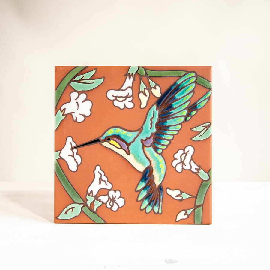 6x6 Hummingbird White Flowers - Terra Cotta Tile