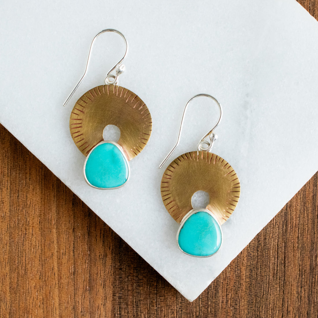 Chilean Turquoise & Brass Sun Dangle Earrings