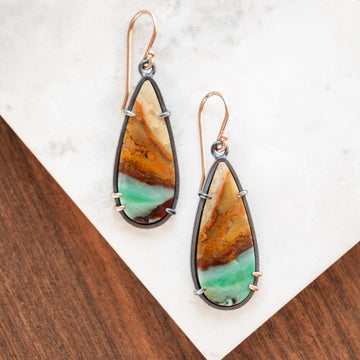 Opal Wood 14k Rose Gold Teardrop Earrings