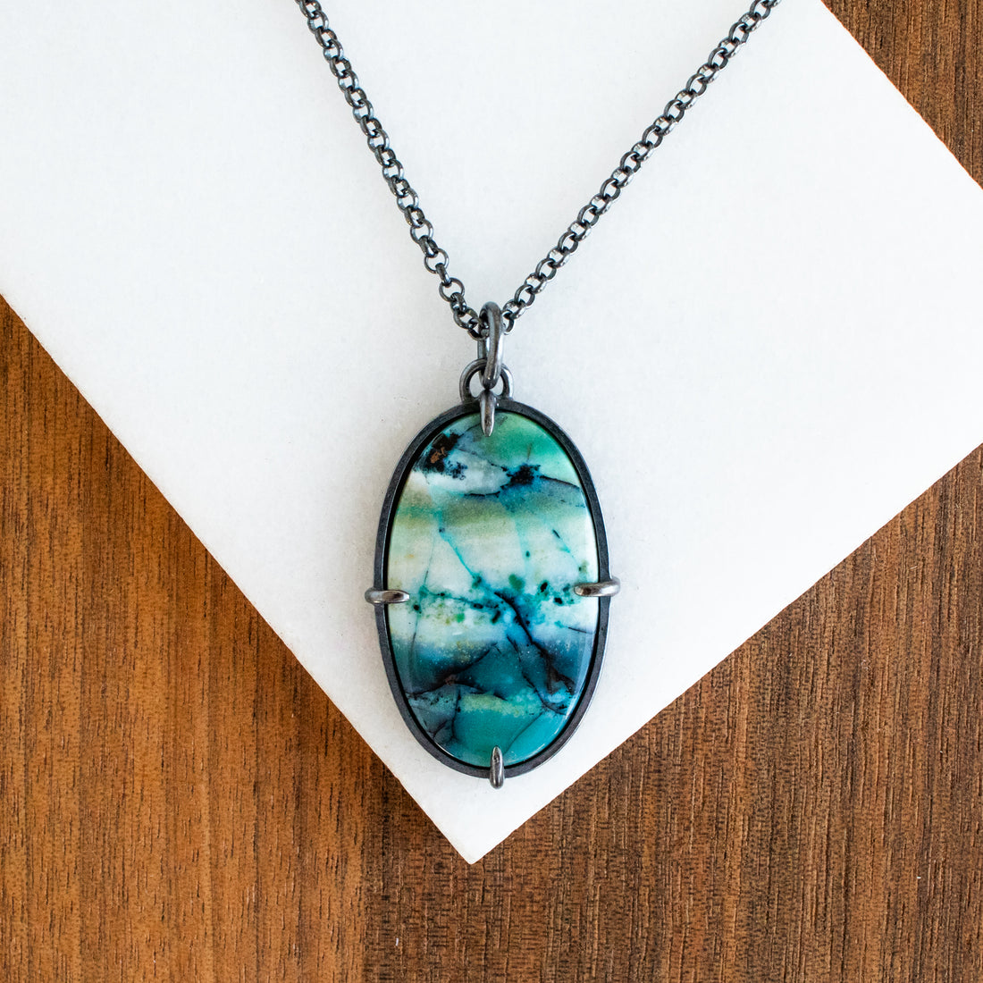 Oval Blue Opalized Wood Necklace no. 2
