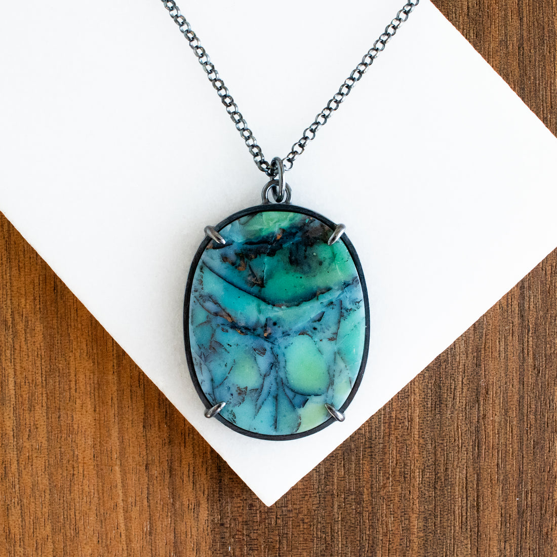 Oval Blue Opalized Wood with Copper Necklace