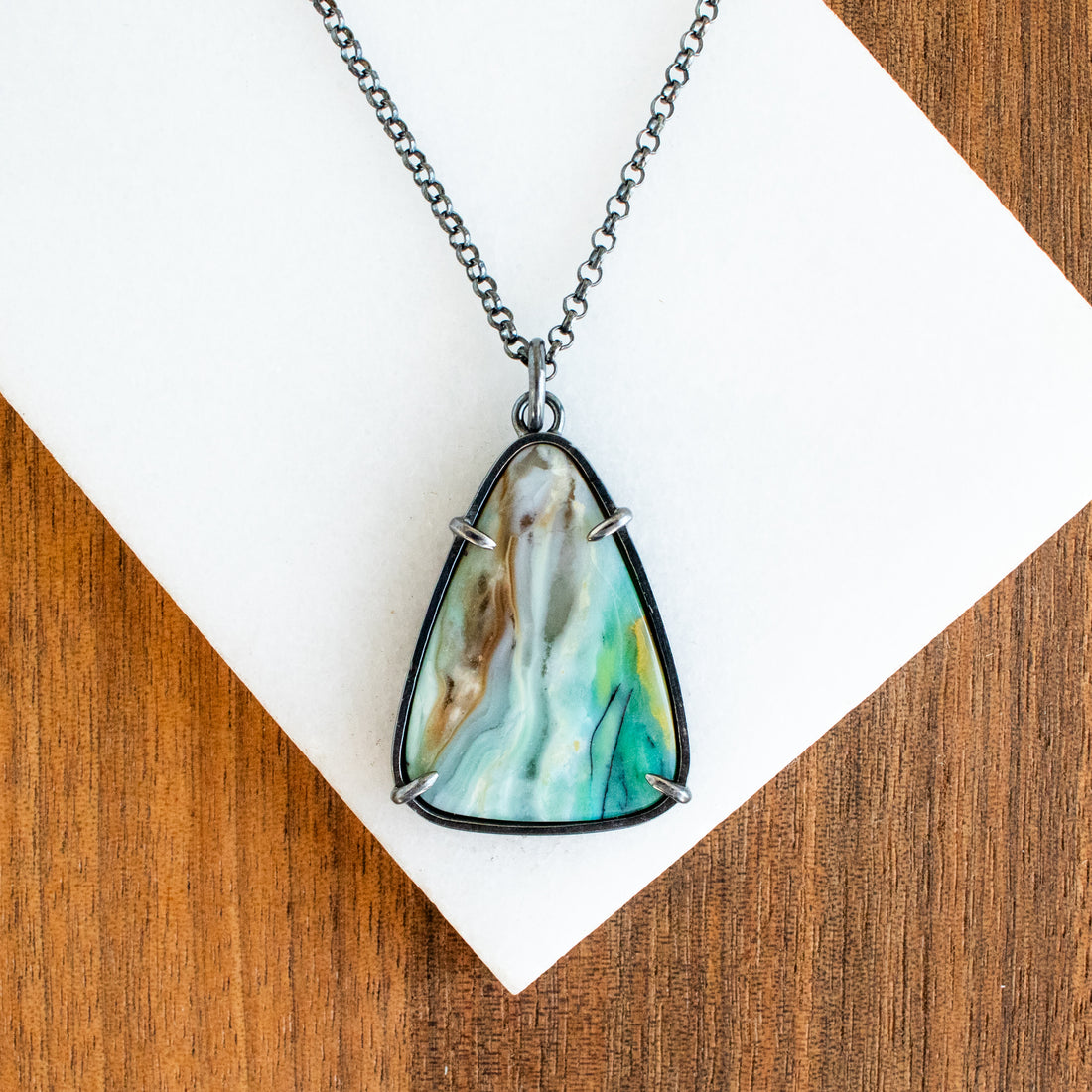 Triangle Blue Opalized Wood Necklace