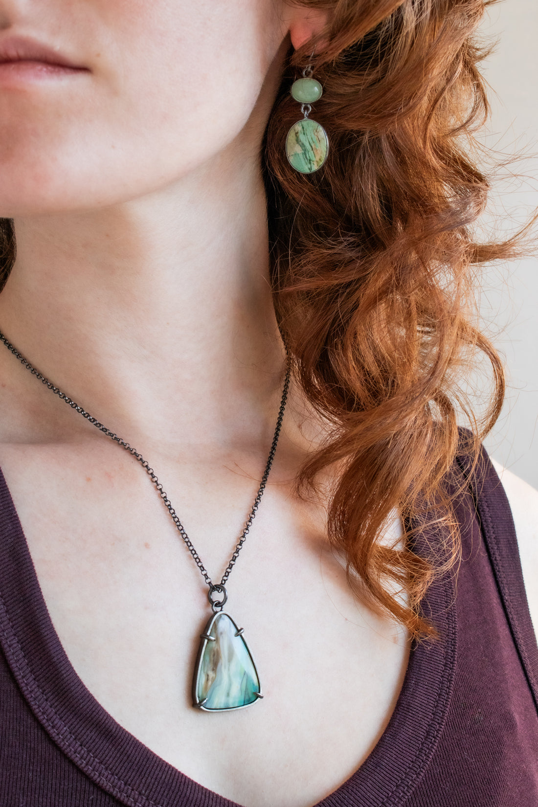 Triangle Blue Opalized Wood Necklace
