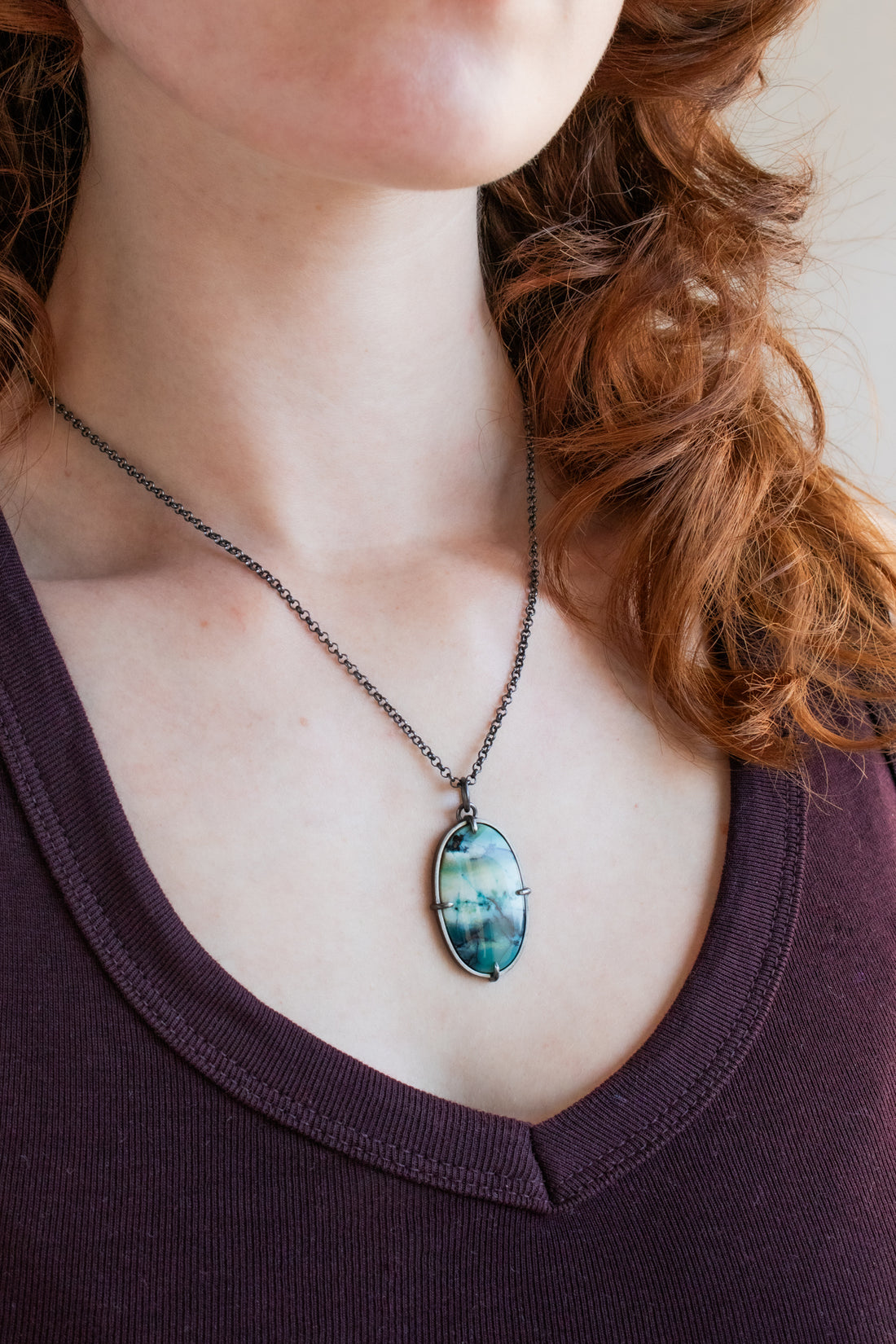 Oval Blue Opalized Wood Necklace no. 2