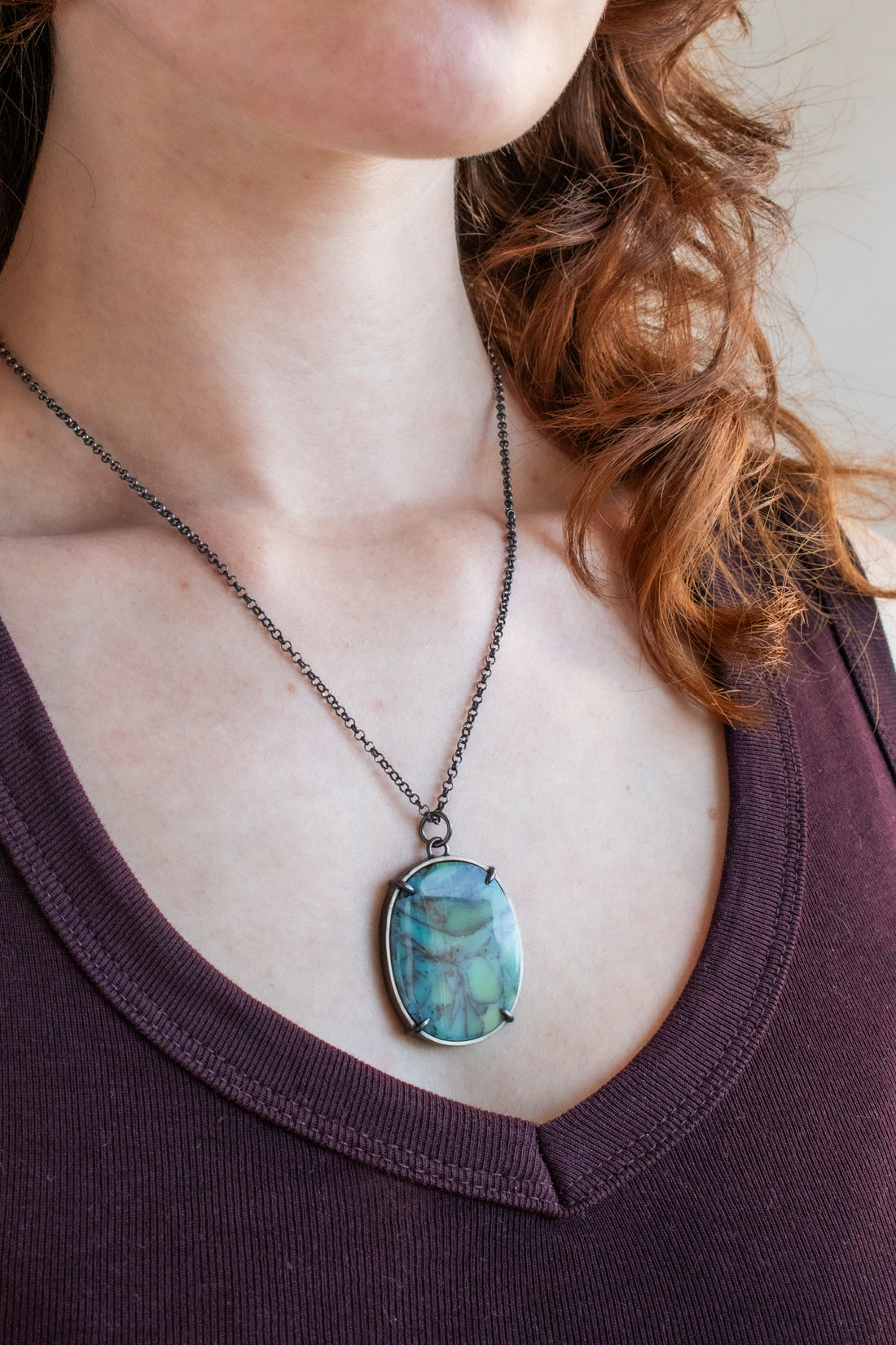 Oval Blue Opalized Wood with Copper Necklace
