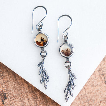 Dendritic Agate Cedar Leaf Dangle Earrings