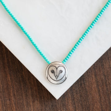 Barn Owl Turquoise Seed Bead Necklace